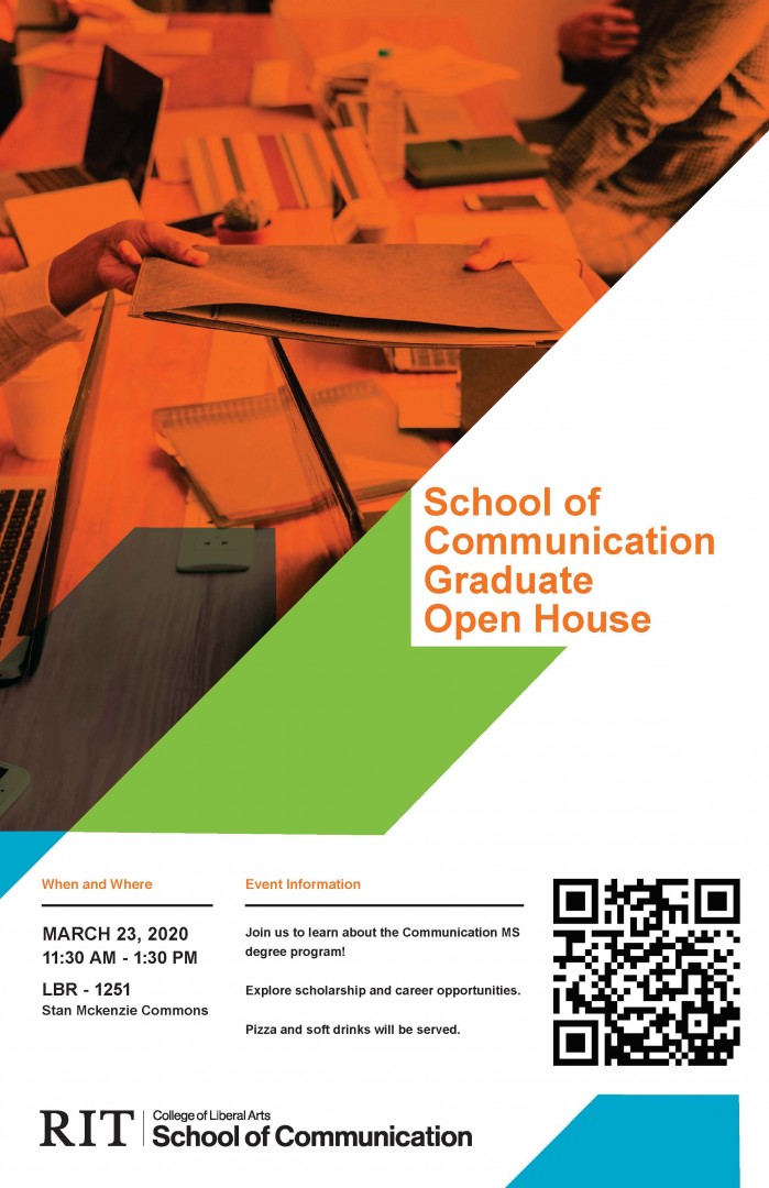 School of Communication Graduate Open House March 23, 2020 from 11:30 AM to 1:30 PM in LBR 1251 Stan McKenzie Commons.  Learn about the Communication MS degree program, explore scholarship and career opportunities.  Pizza and soft drinks will be served.