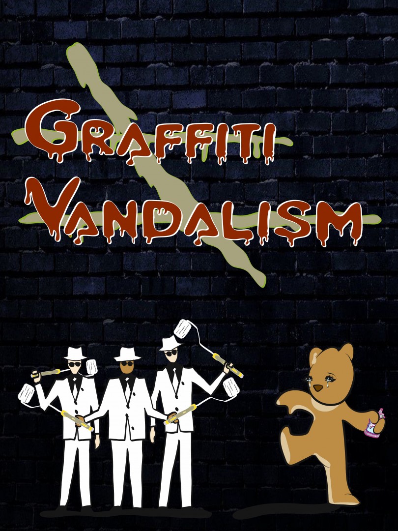 ID: The background is dark blue. There is a brown teddy bear crying and running away with its pink spray from three men. The three men are wearing a white suit with a white hat and holding a paint roller. Text in red reads: Graffiti ≠ Vandalism.