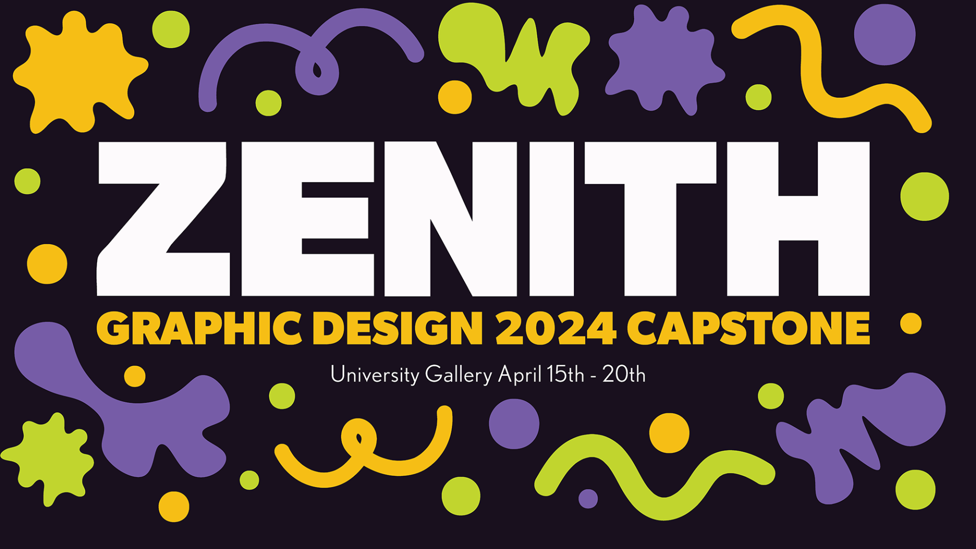A graphic promoting the graphic design capstone exhibition, with a title of Zenith.