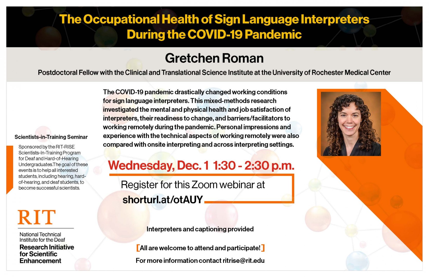 Image of Gretchen Roman on the upper right with RIT-RISE lockup to the lower left, and content regarding event in the center.