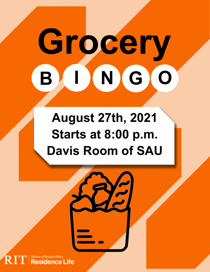 Striped light & dark orange background and small graphic of groceries in a bag on the bottom of the flyer. Text reads: Grocery BINGO August 27th 2021. Starts at 8pm. Davis Room in SAU