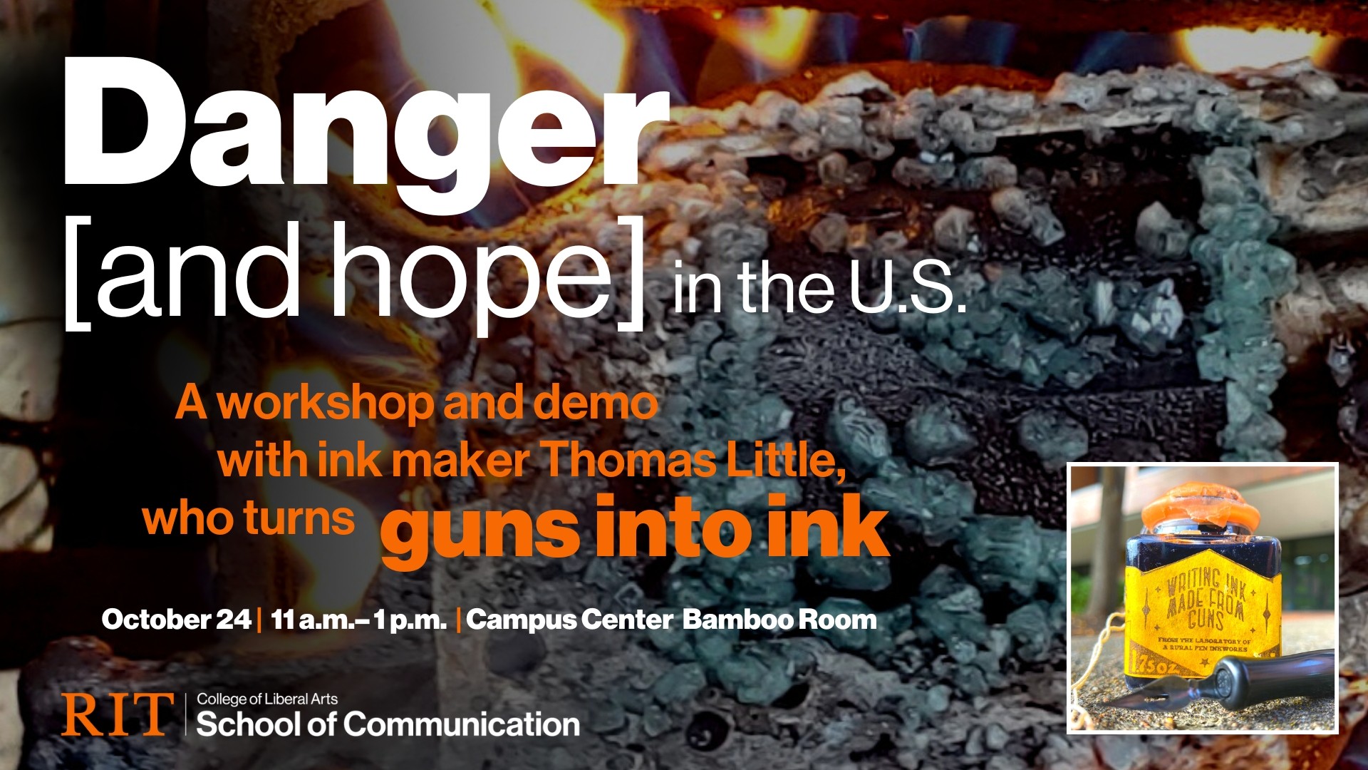 a photo of a gun crystallizing over fire with text danger and hope in the us