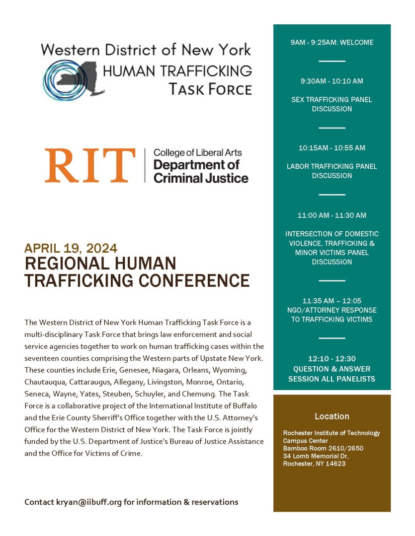 Schedule of events for the conference with the RIT Criminal Justice logo and Western District of New York Human Trafficking Task Force logo