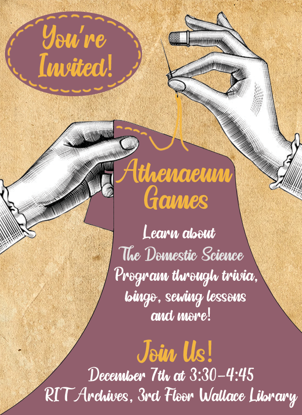 Against a brown background, two hands in black and white sewing with a yellow/orange thread on a purple colored piece of fabric.