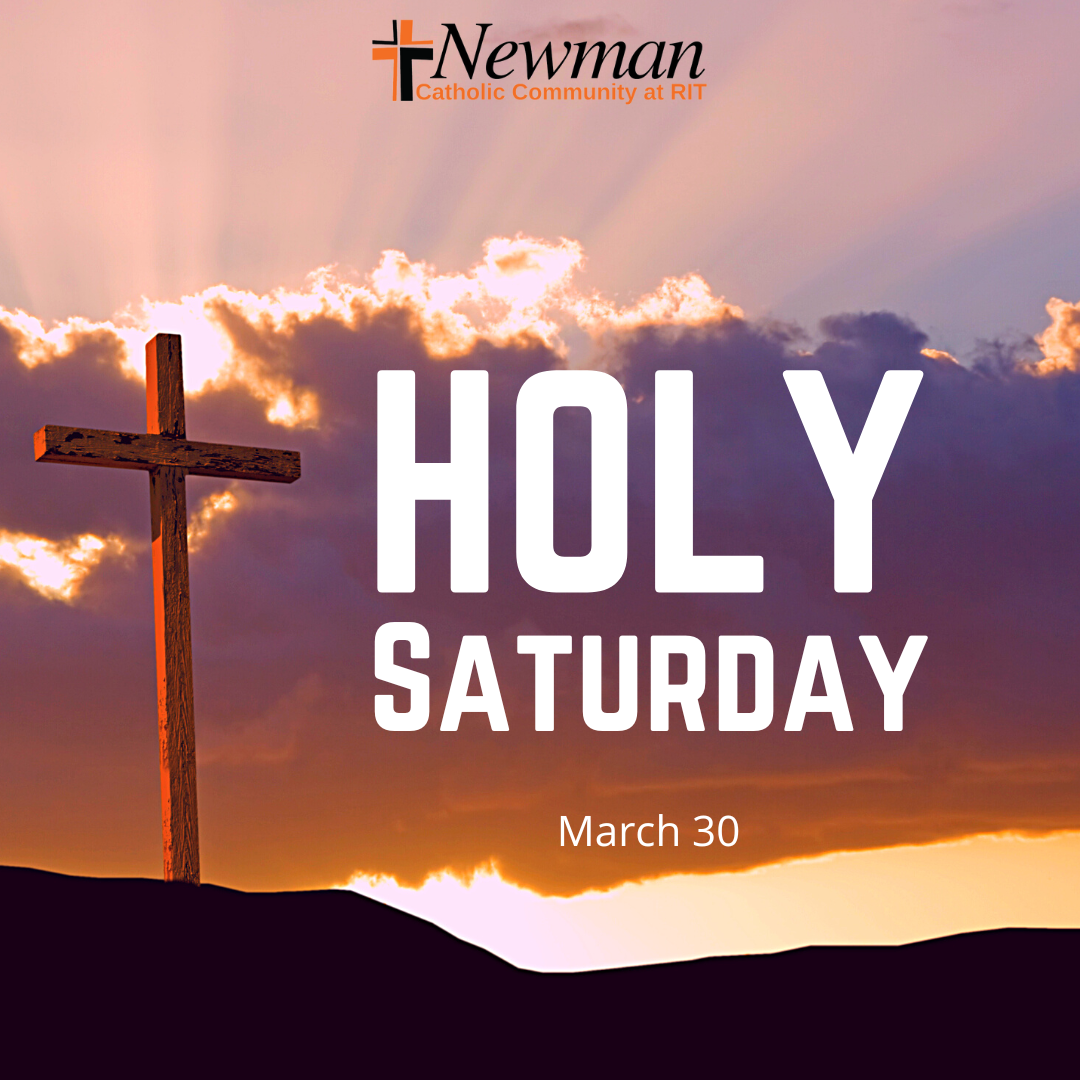 An image of a cross with the sun rising behind clouds in the background. The words 'Holy Saturday' are written.