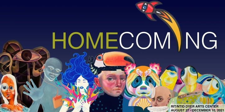 Colorful image of artwork called Homecoming with faces and graphics of many kinds.
