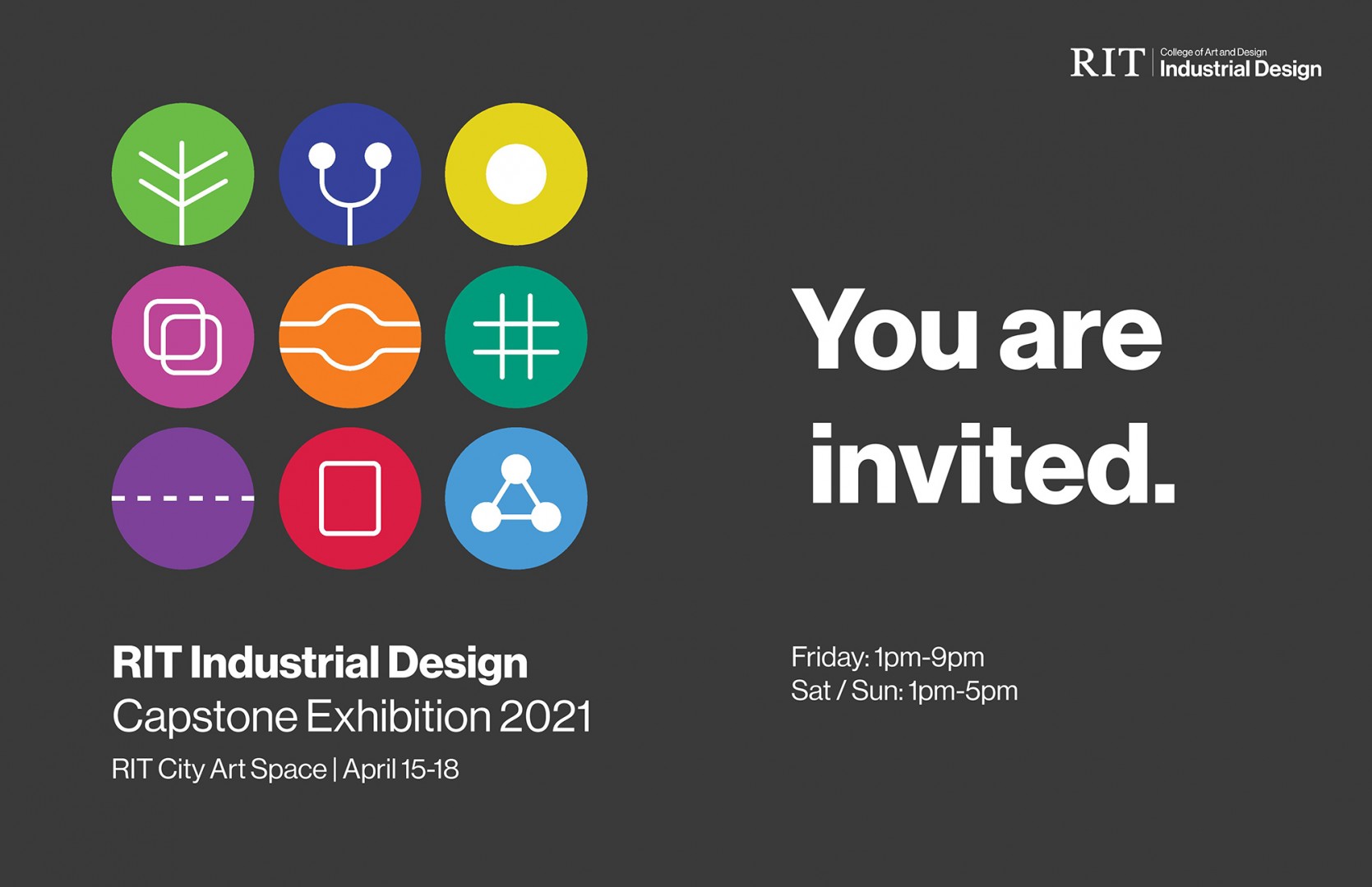 A graphic with text and icons promoting the Industrial Design capstone exhibition. 