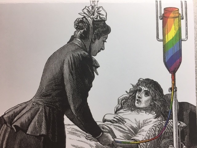 Nurse cares for patient with a rainbow-filled IV.