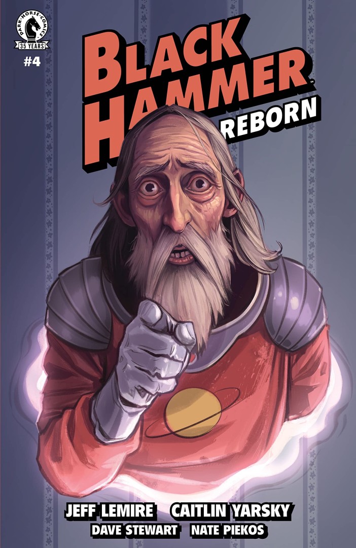 An illustration of a comics cover for Black Hammer Reborn.