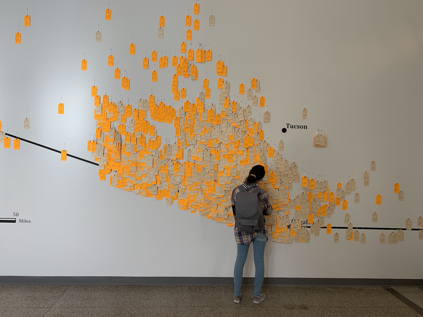 The photo is of the Hostile Terrain 94 exhibition at another university. A map of the Arizona-Mexico border is displayed on the wall and thousands of toe tags hang from individual map pins placed in the wall at the exact location where human remains of border crossers were discovered. A young woman stands in front of the exhibition, reading toe tags.