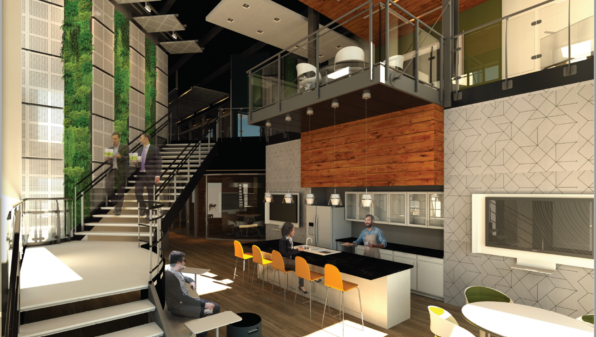 A rendering of the interior of a space.