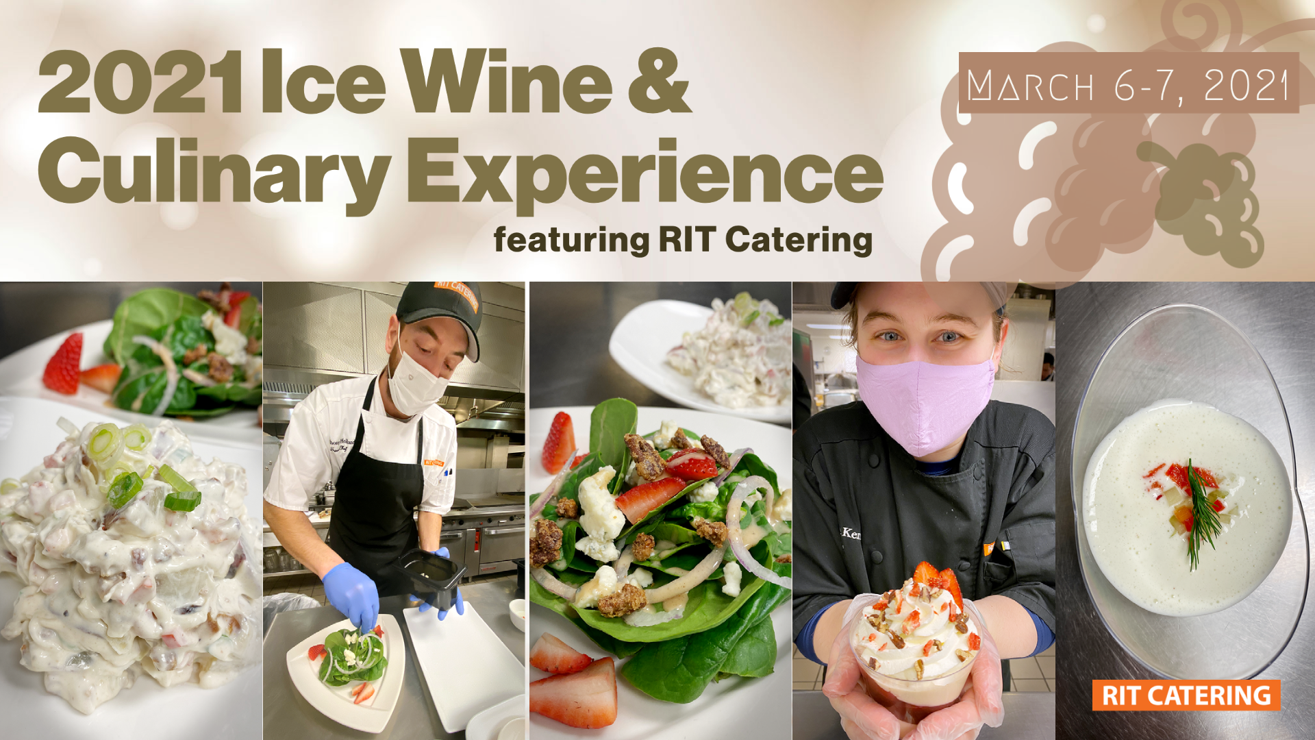 images of ice wine-infused food with text "2021 Ice Wine & Culinary Experience featuring RIT Catering"