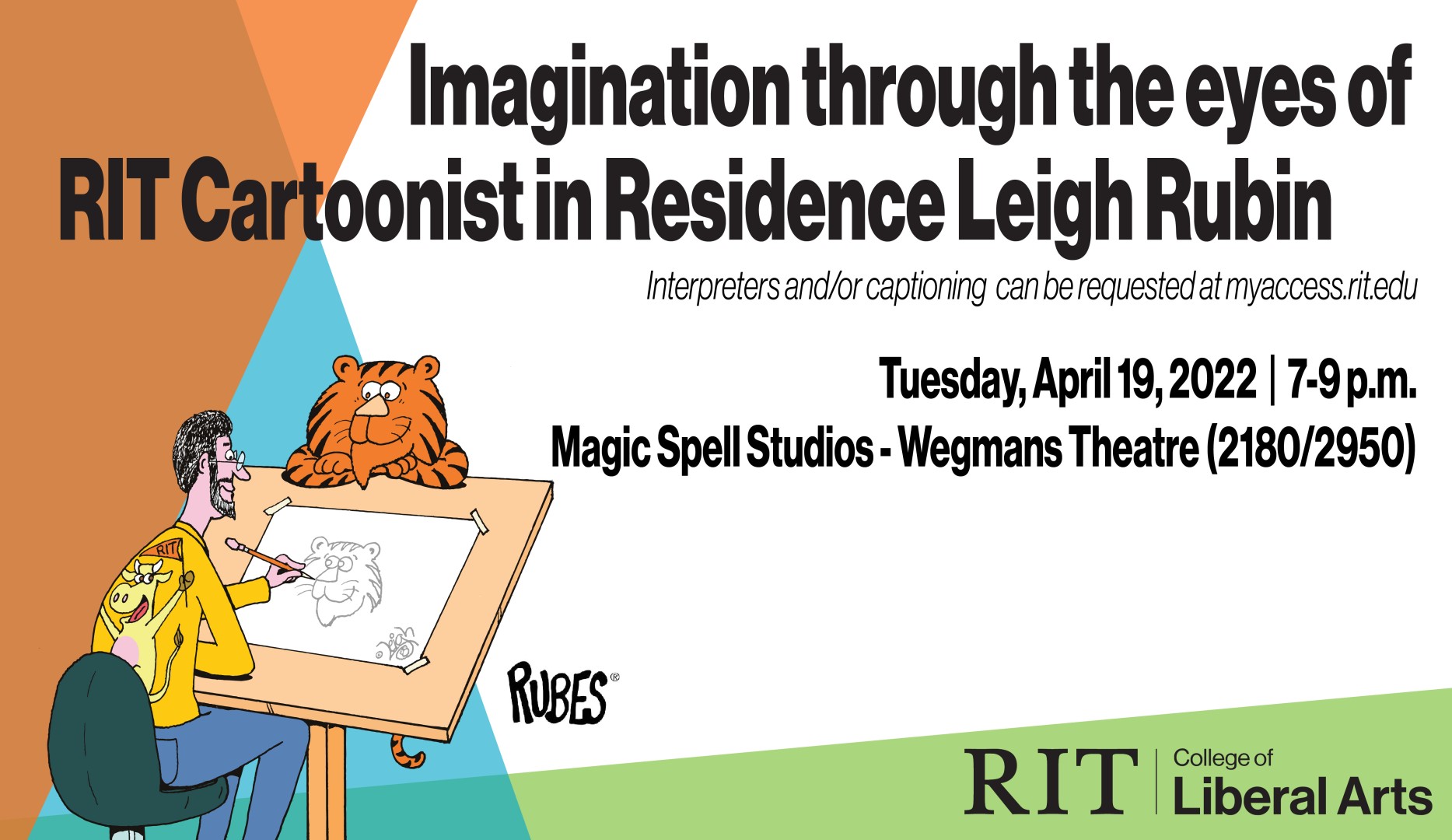 Event poster for Imagination through the eyes of RIT Cartoonist in Residence Leigh Rubin
