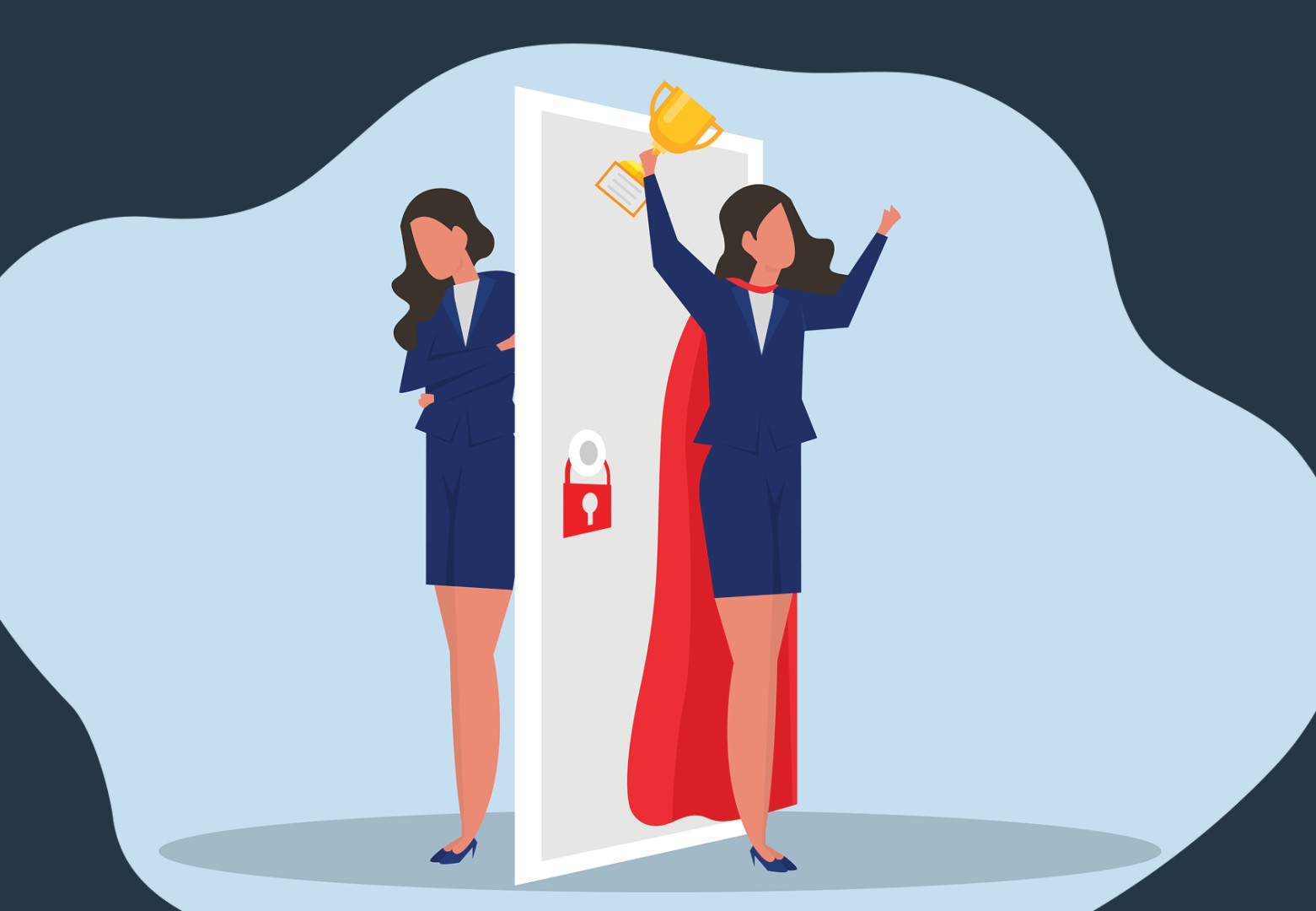 Woman hiding behind safety of a door while other version of same woman is in front of door wearing a cape and holding a trophy.