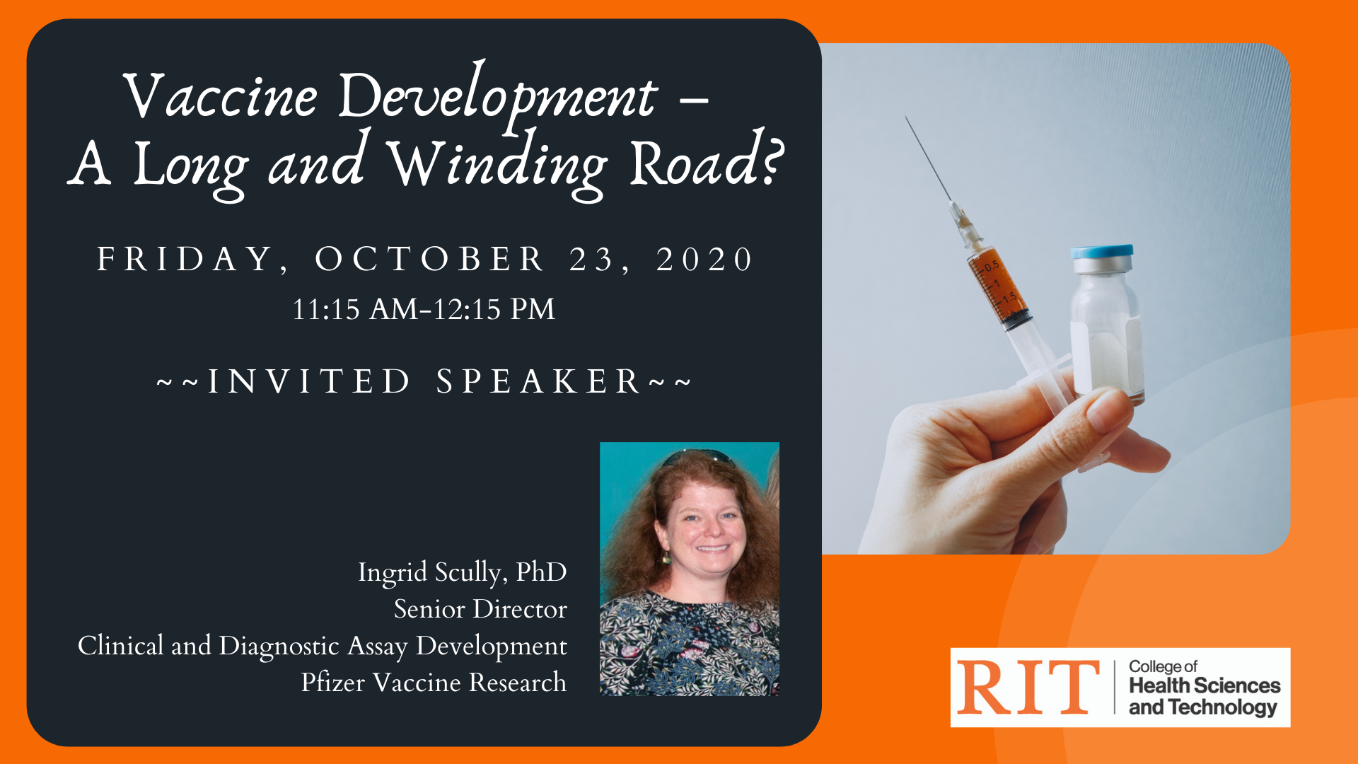 poster with vaccine image and photo of Ingrid Scully