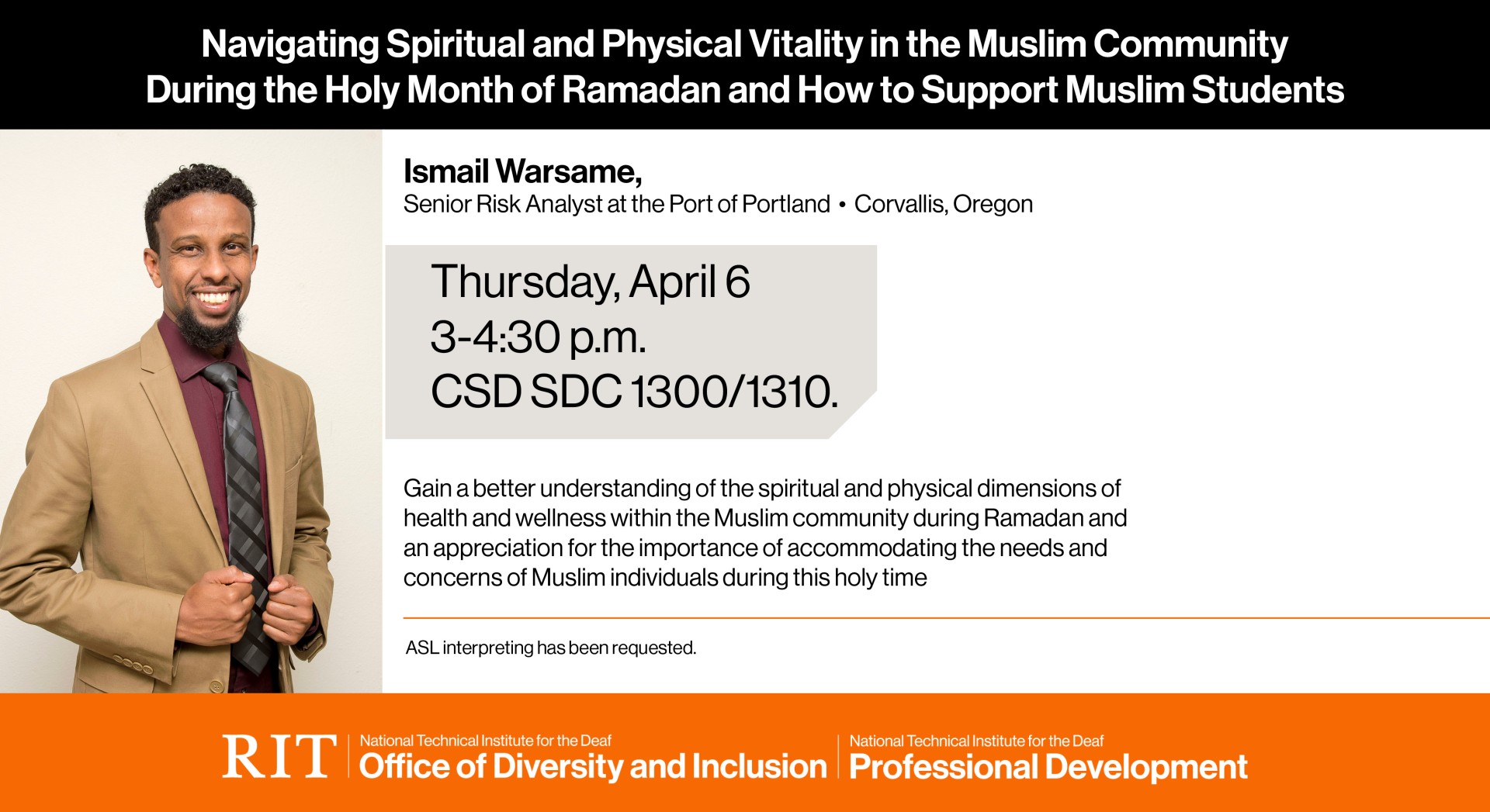 Flyer for April 6 presentation - Navigating Spiritual and Physical Vitality in the Muslim Community