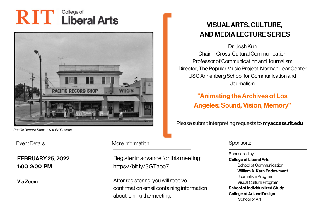 Dr. Kun will speak on his work with the Getty to develop musical interpretations of Ed Ruscha's iconic images of Los Angeles.  All members of the RIT community are welcome and must pre-register for the zoom lecture.
