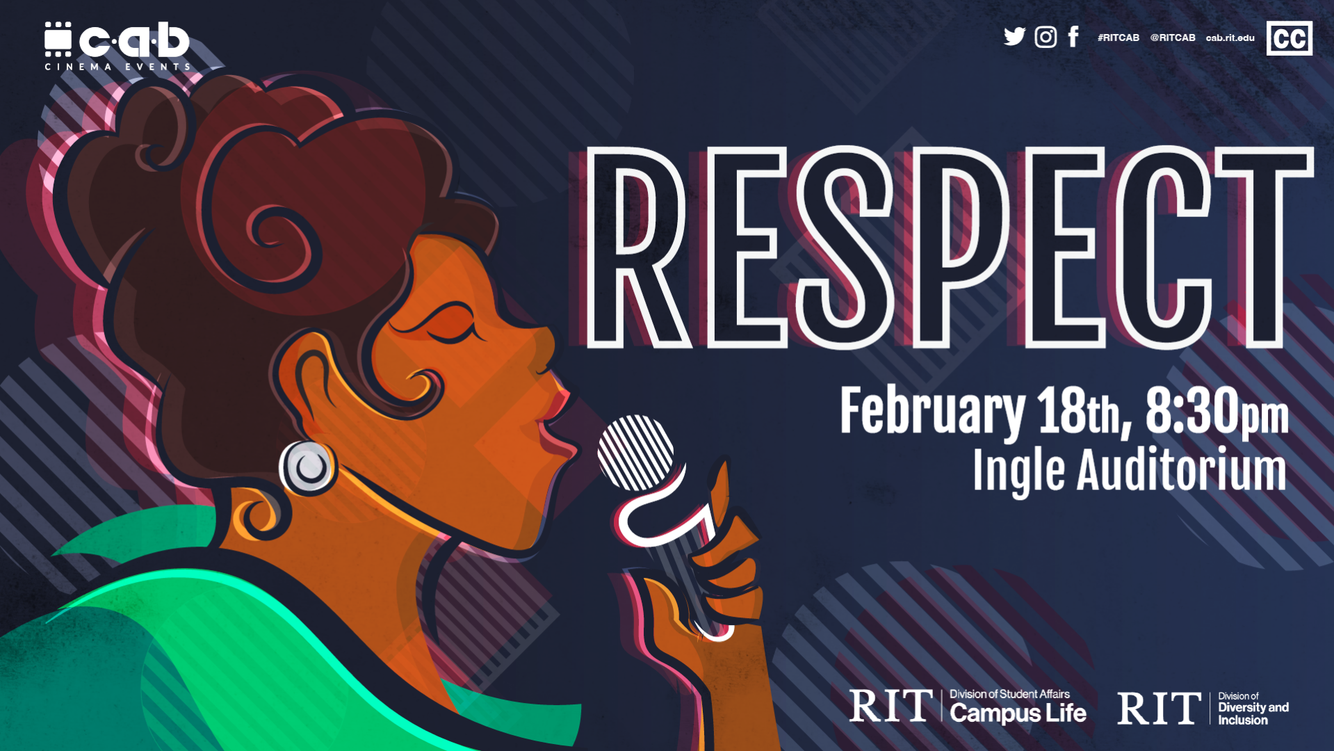 image of a woman singing in to a microphone with the title "Respect" and event date and time.