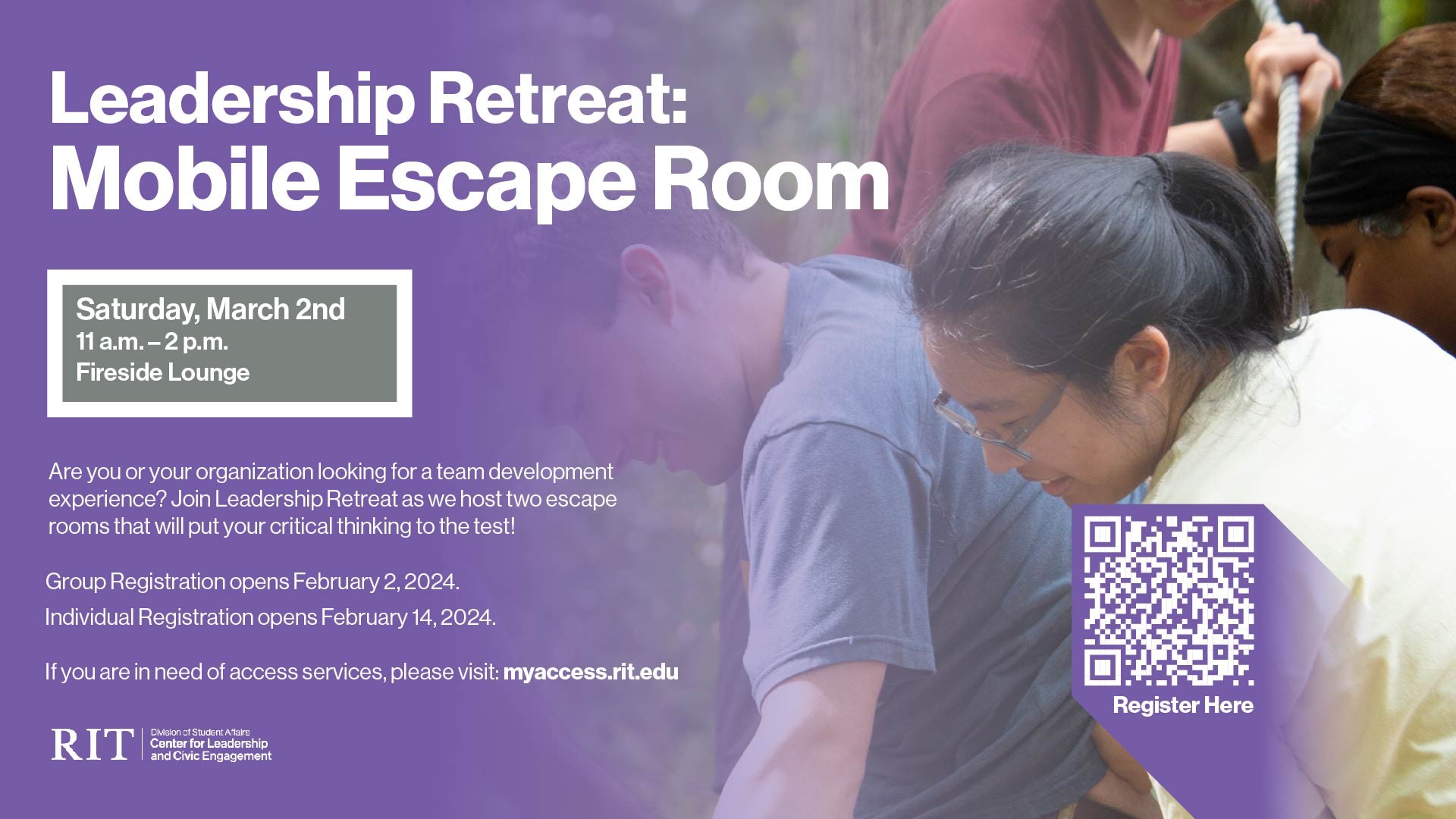 Purple gradient with people doing team builders in the background. The image is overlaid with the event details. 