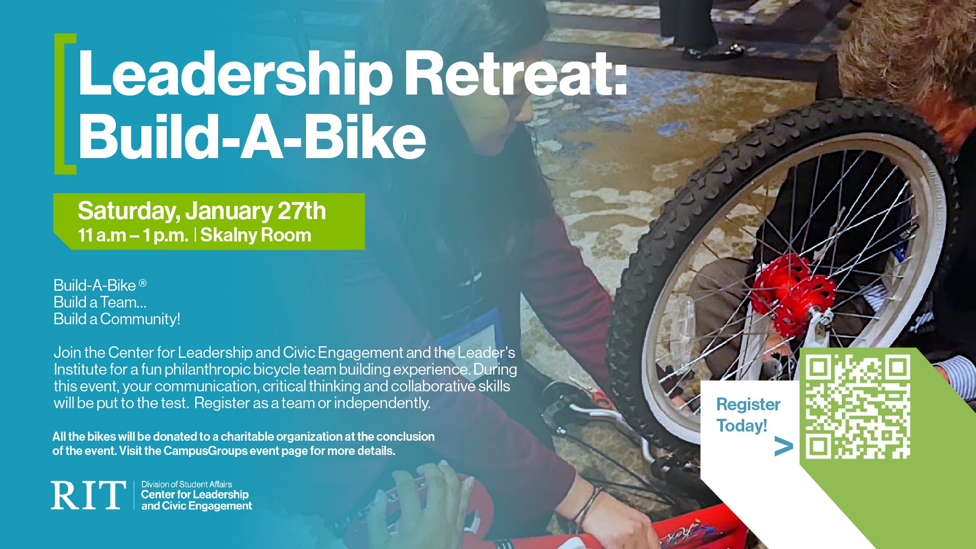 Blue gradient with event details. Background is a woman working on a bike. 