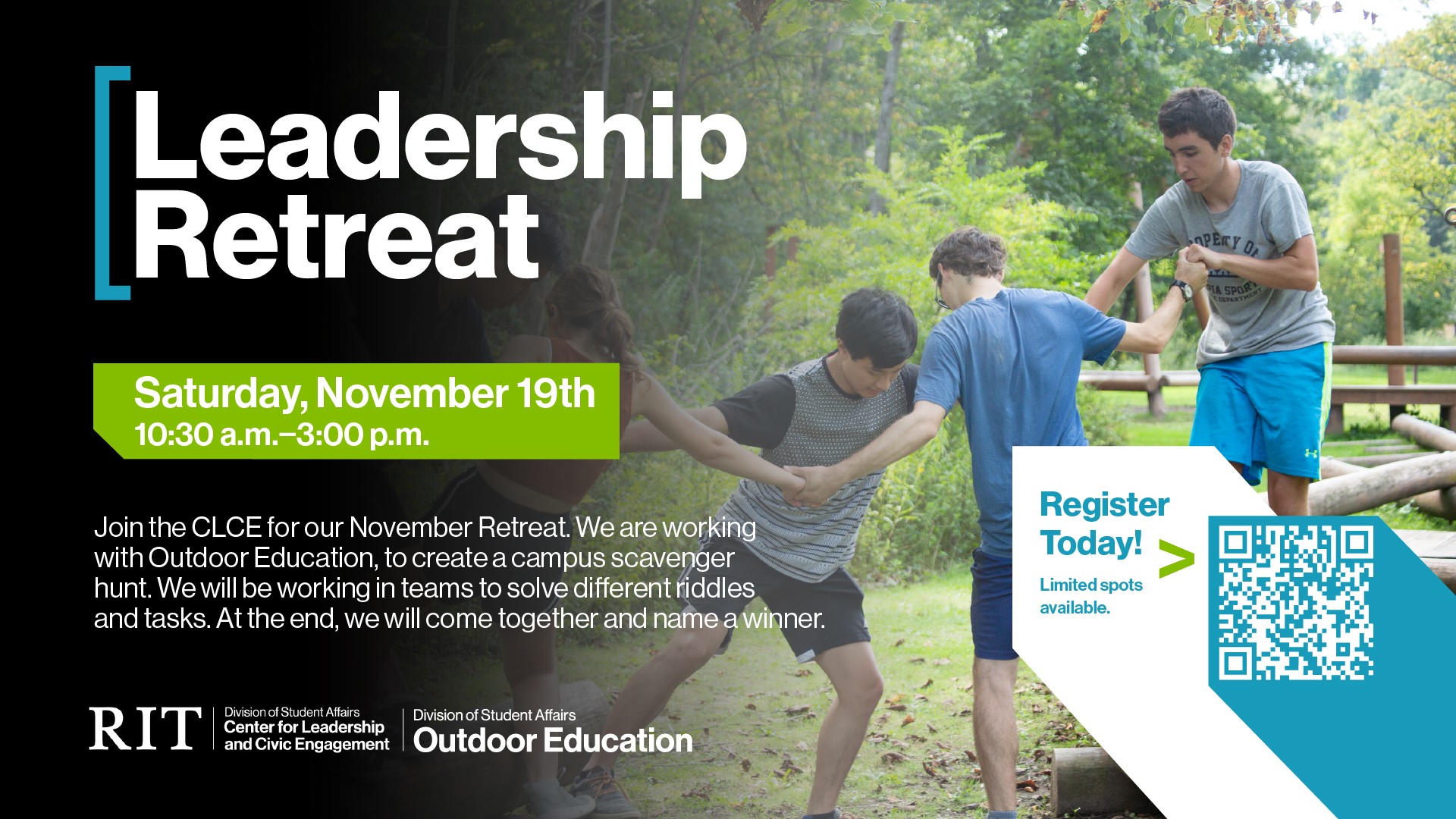 Leadership Retreat Graphic with image of students completing an obstacle course. Includes QR Code to registration link.