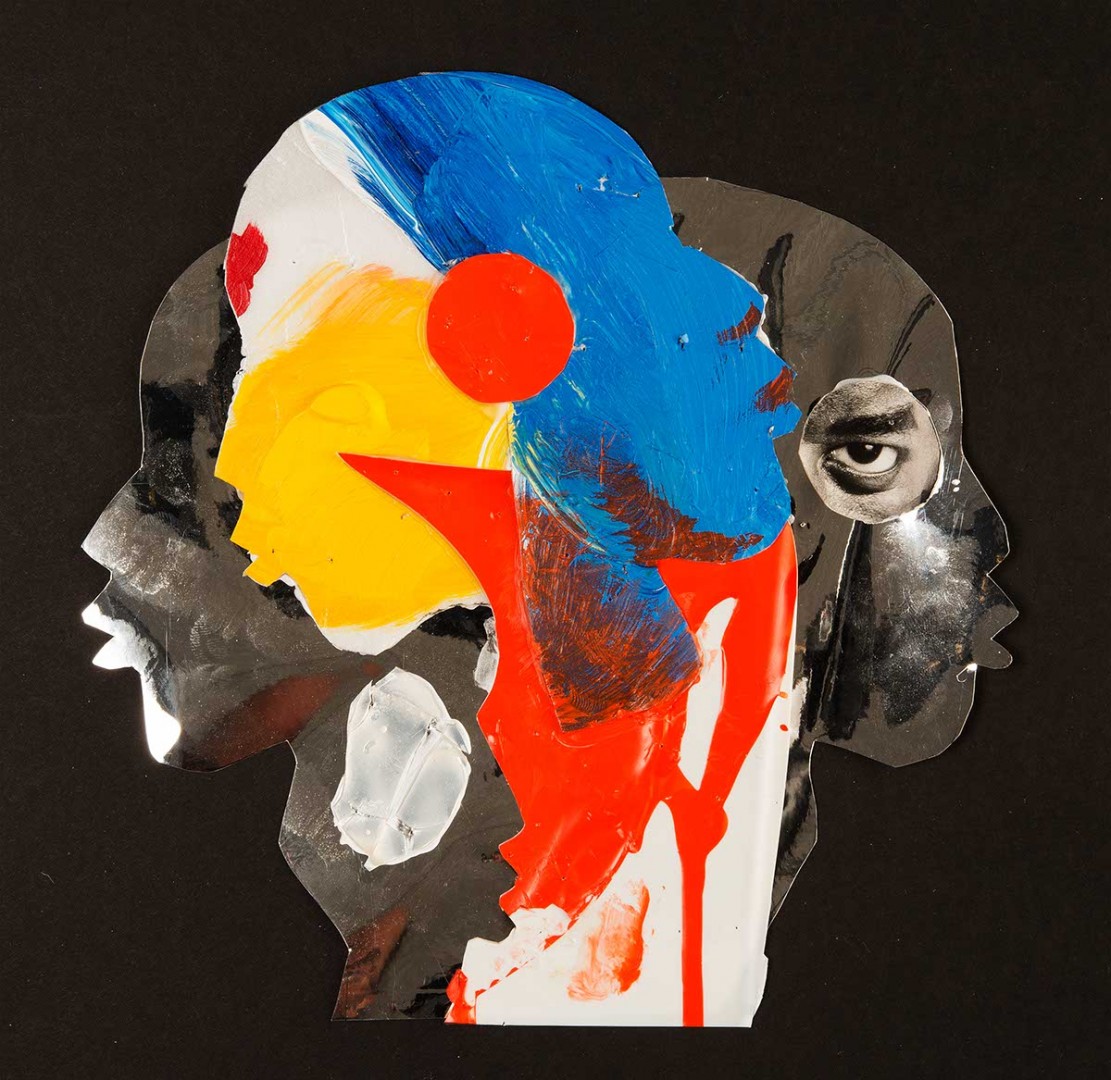 A mixed-media collage of many different painted faces.