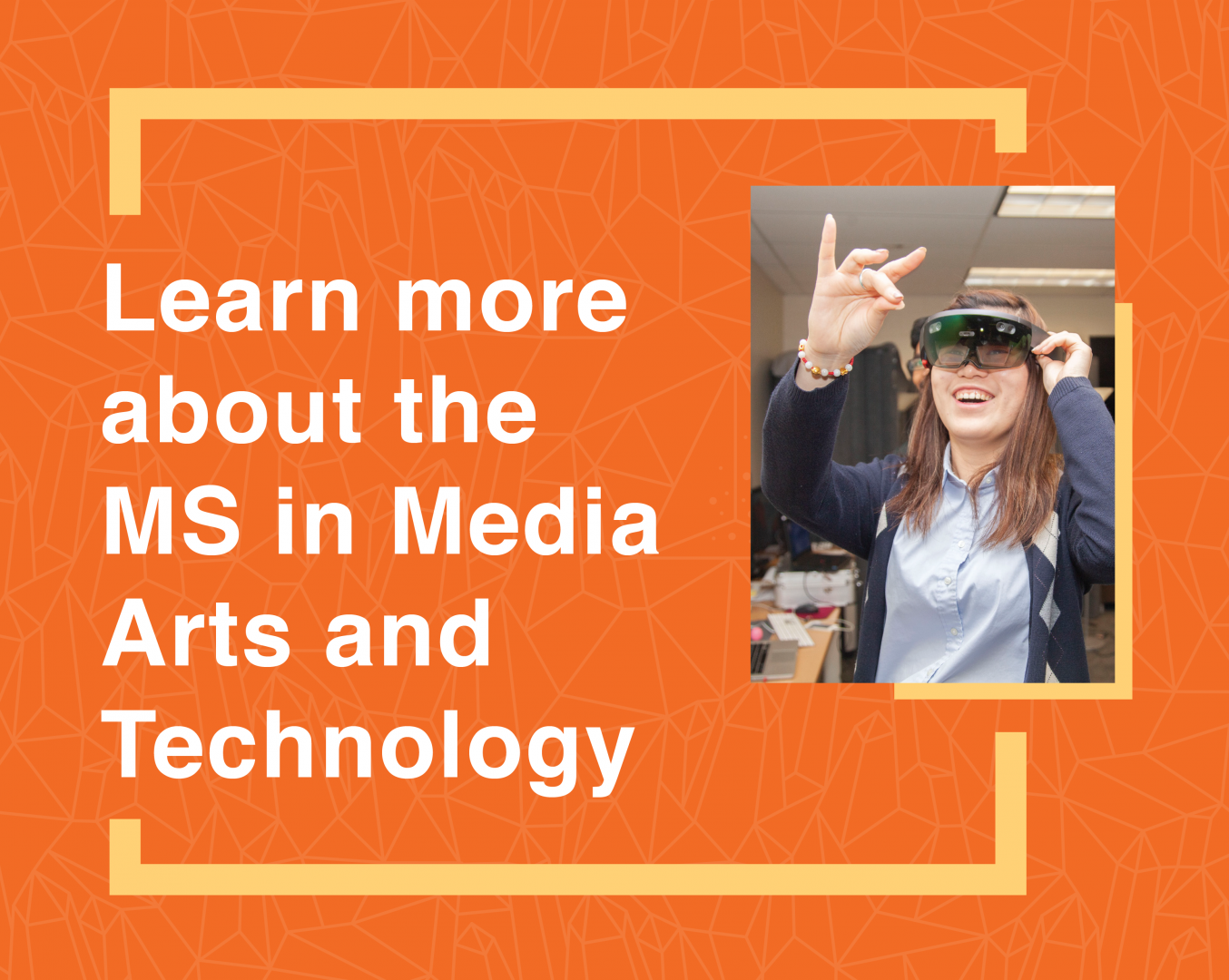 A graphic with a student using VR goggles.