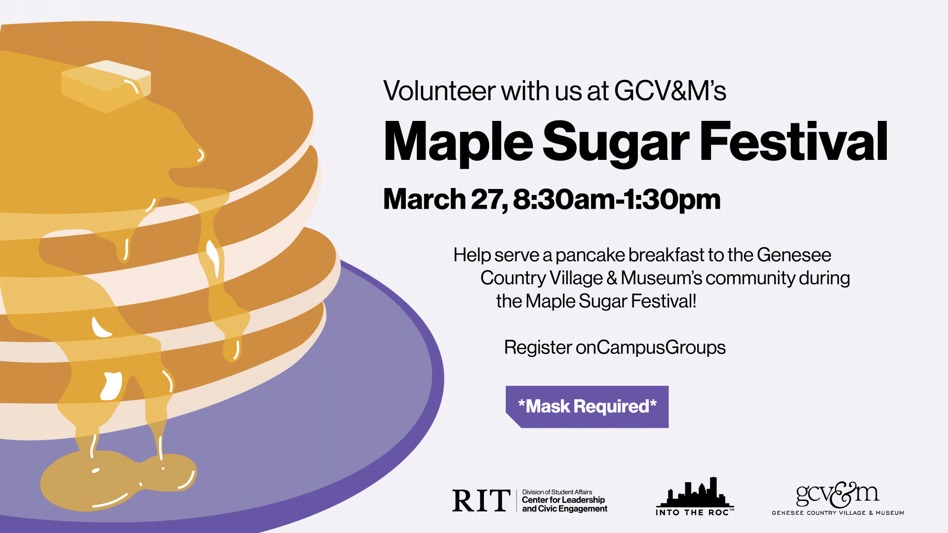 A stack of pancakes covered in maple syrup is on the left of the image. Next to it, text describing the details of the event.