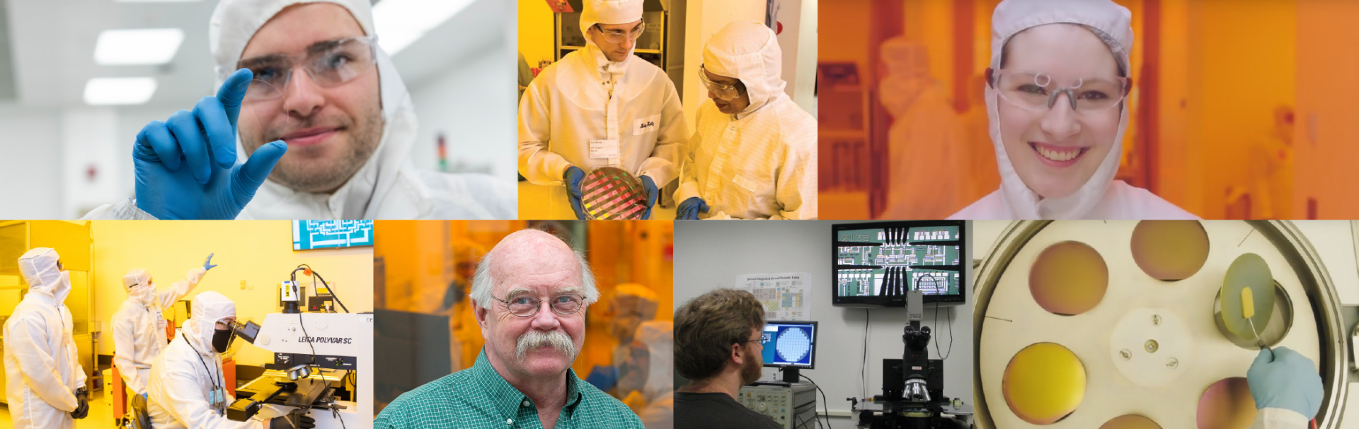 A collage of photos representing RIT's microelectronic engineering program. People working in the Semiconductor Microsystems Fabrication Lab and images of computer chip wafers.