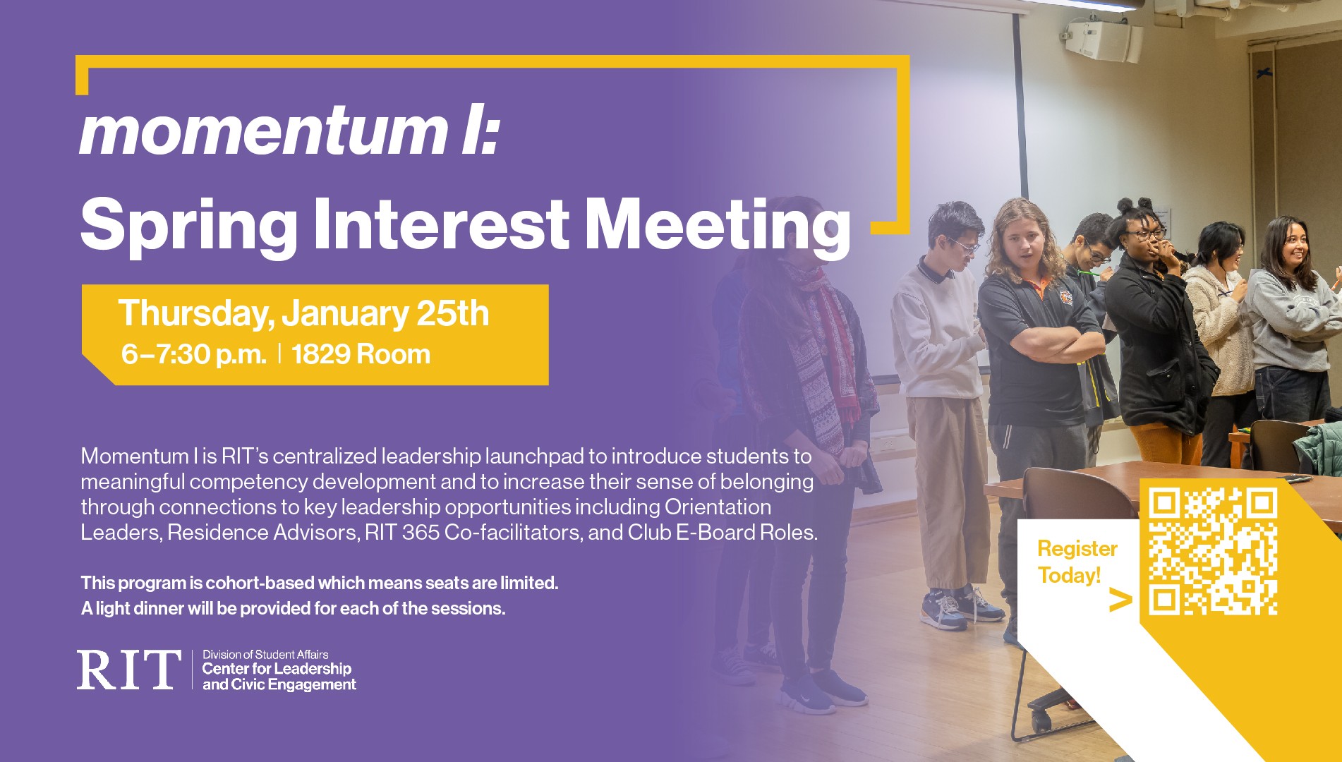 Purple gradient with interest meeting date, time and location listed in white. The background are students taking part in a drawing activity as one person describes the image and the other draws it.  