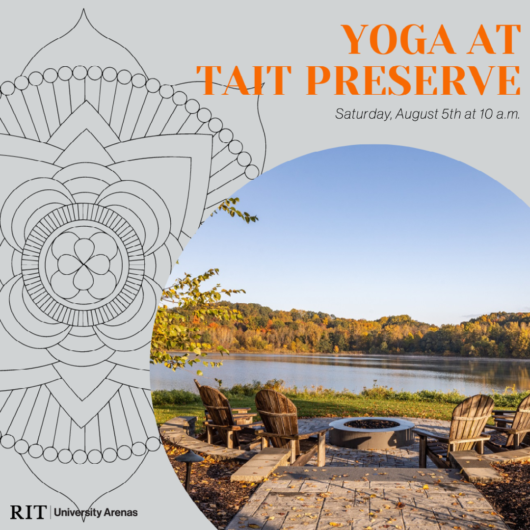 lake with water and chairs, verbiage that indicates yoga event at Tait Preserve, abstract art and date for 8/5/23