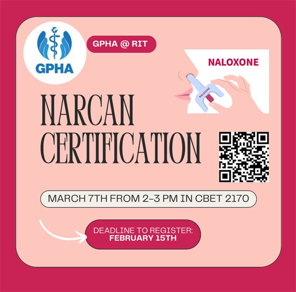Narcan Certification on Thursday March 7th, 2pm - 3pm in CBT 2170.  Register by February 15th at  https://cglink.me/2d1/r2264038