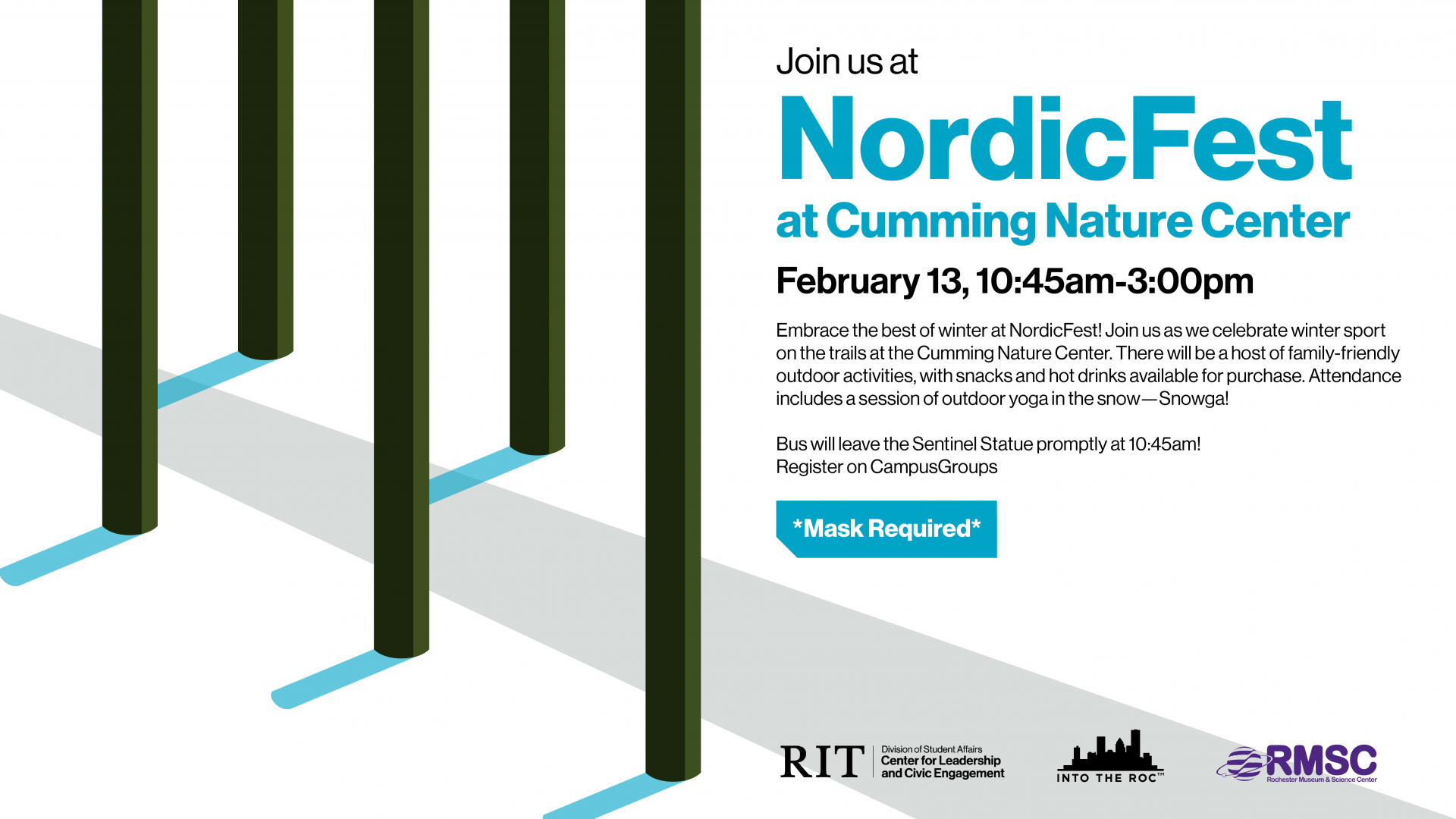 A pathway leads through a series of trees in the snow. In the upper right, a description of the event details.