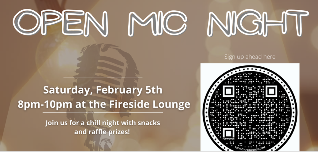 image with the text Open Mic Night and the event description.  Includes a QR code to sign up for the event.