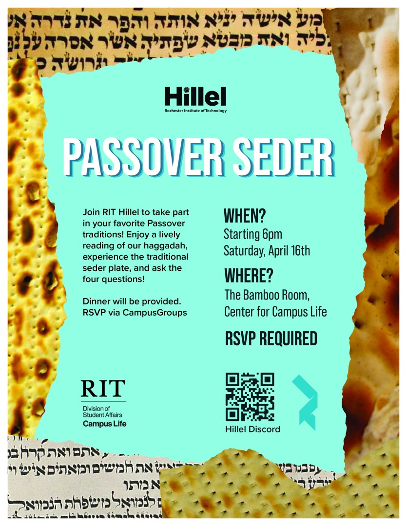 Matzah and Hebrew scroll text framing announcement of Saturday, April 16, 6 pm, Hillel Passover seder in Bamboo Room
