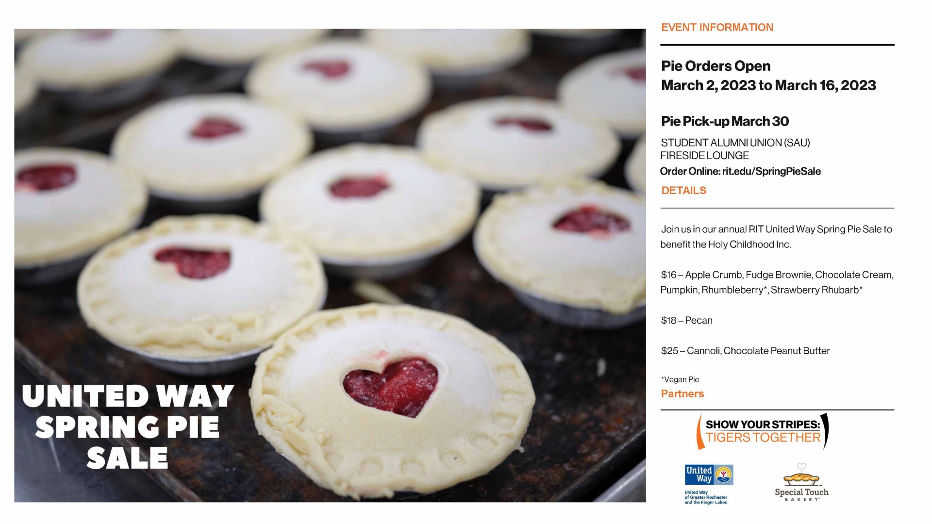 Image of Pies with hearts cut in the top alongside the pie sale flier info. All information from image also listed in event description. 