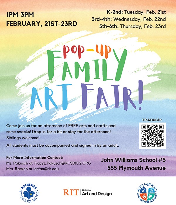 A colorful graphic promoting Pop-up Family Art Fair events.