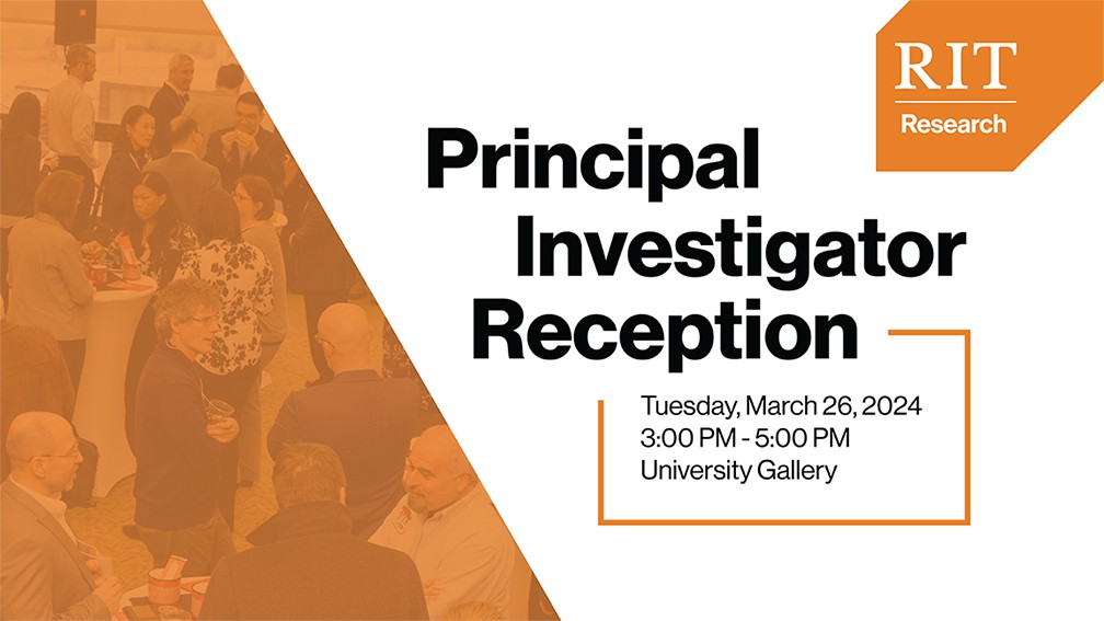 Research logo with date and time of the event in orange and white