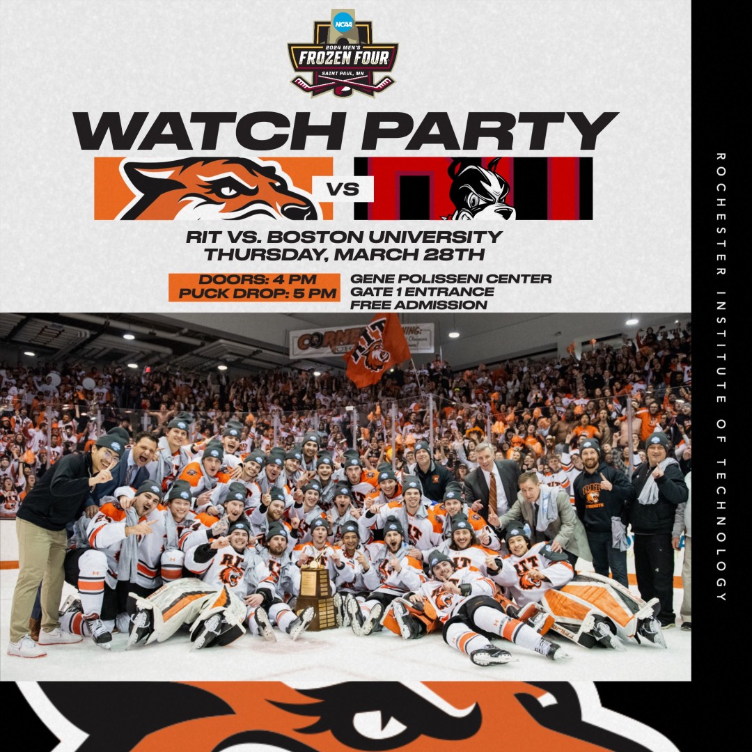RIT men's hockey celebrating win. Text about watch party on 3/28. 