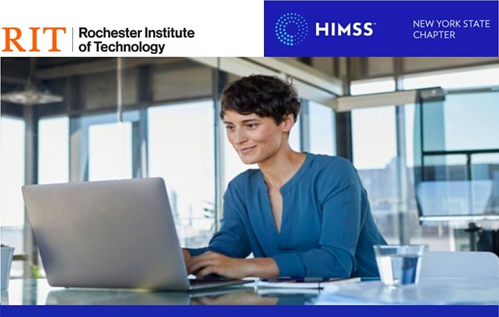 Individual working on a laptop at a desk with a glass of water while smiling. The image also contains the Rochester Institute of Technology (RIT) and Healthcare Information and Management Systems Society (HIMSS) logos.