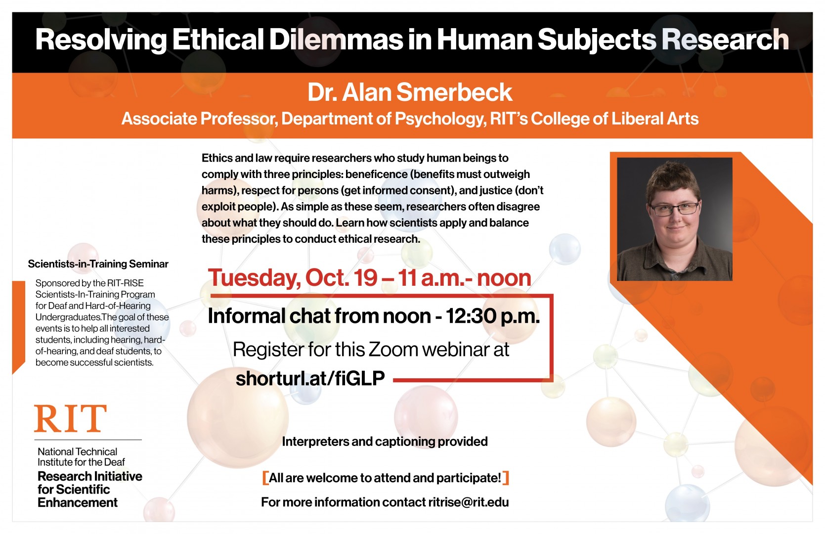 Image of Dr. Smerbeck with information on lecture and registration link.