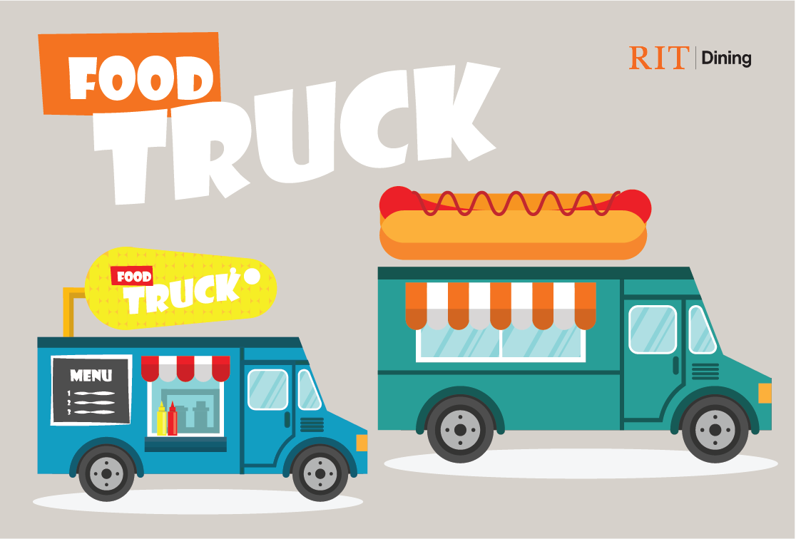tan background with two teal food trucks
