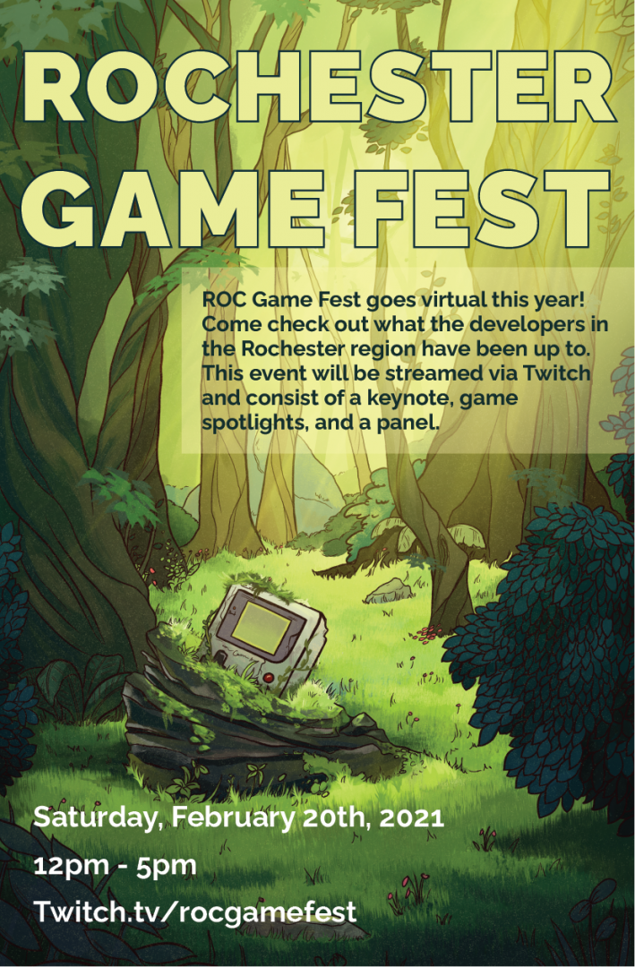 Illustrated poster featuring a gameboy in the forest