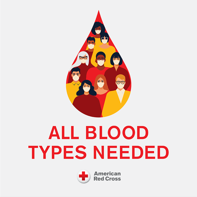 image of a blood drop with masked individuals inside it and the text "All Blood Types Needed" and the American Red Cross logo below