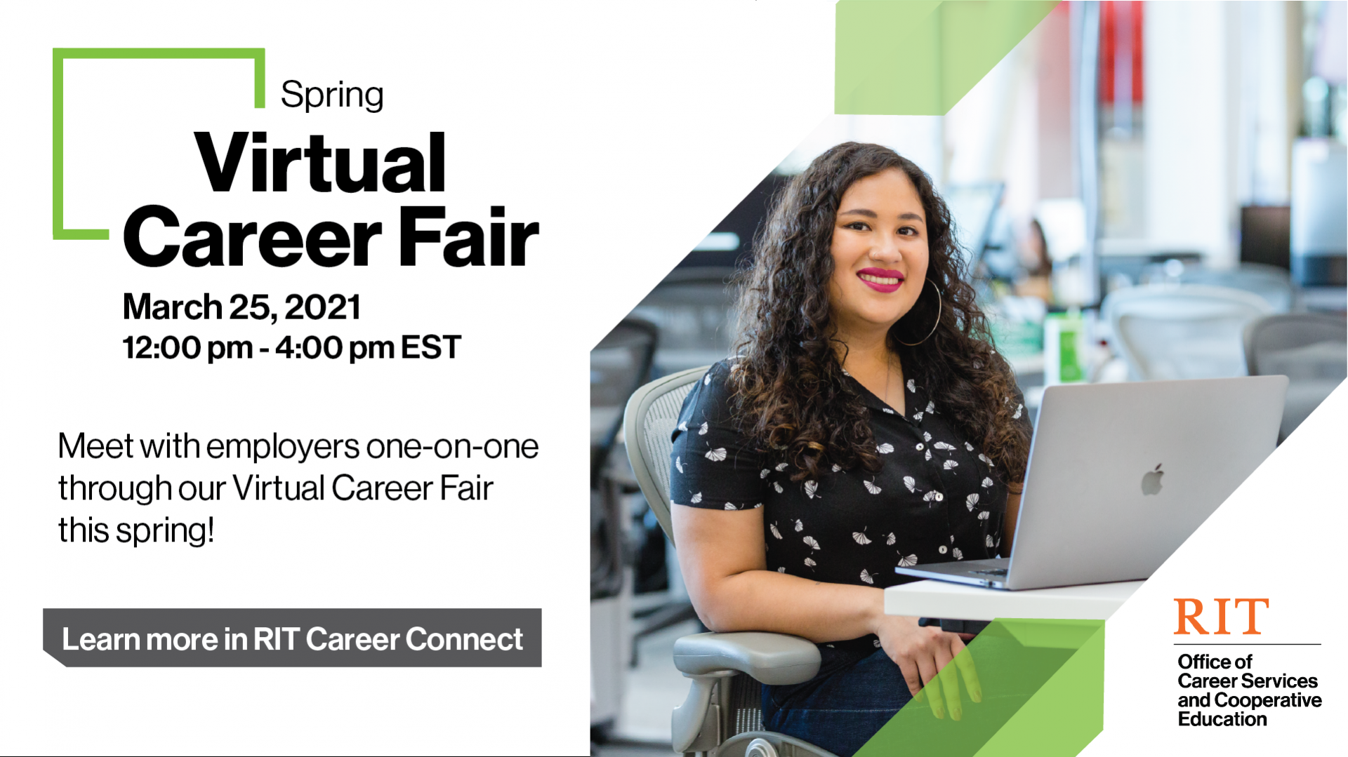 Spring Virtual Career Fair with RIT student pictured in front of a laptop