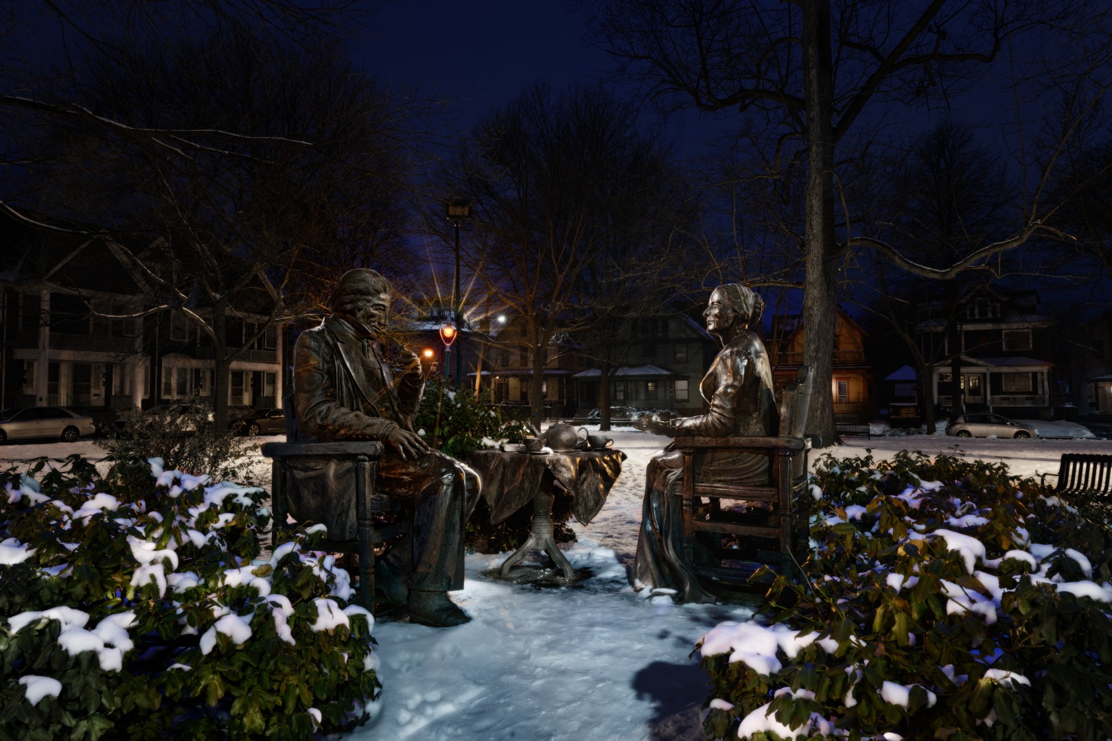 Statues in the park near the Susan B. Anthony House and Museum.