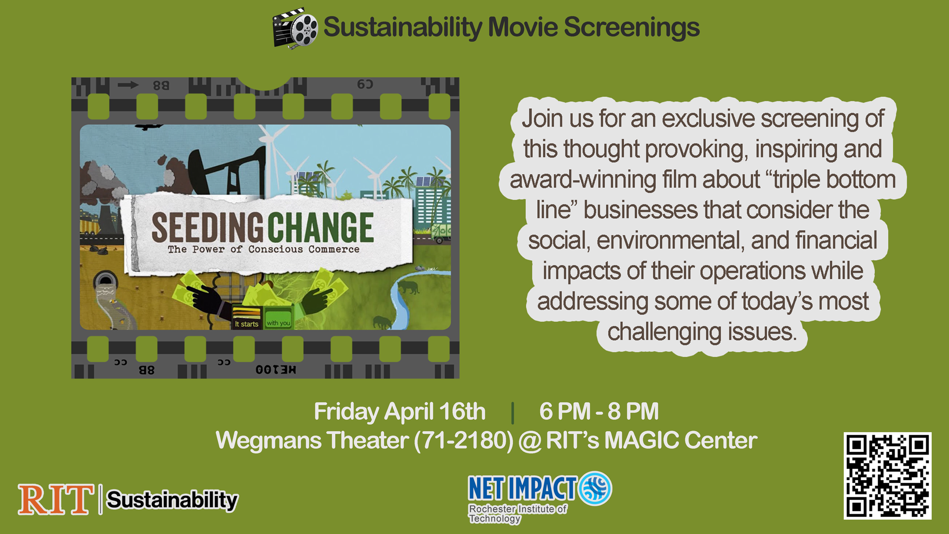 The movie promotional image is shown along with the Event Description, date, time, location, registration QR codes, and the logos for RIT Sustainability and Net Impact RIT. 