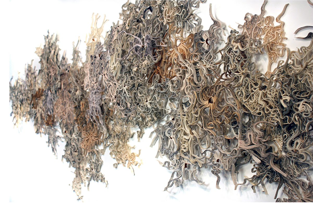 An abstract wall sculpture.