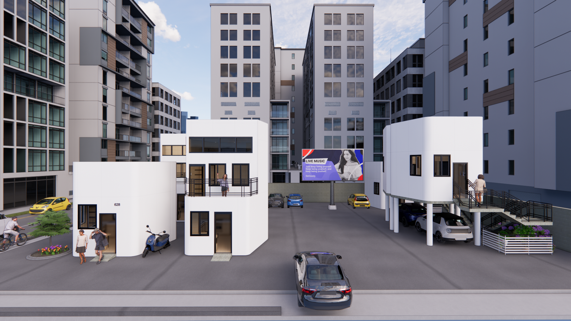 A rendering of downtown buildings.