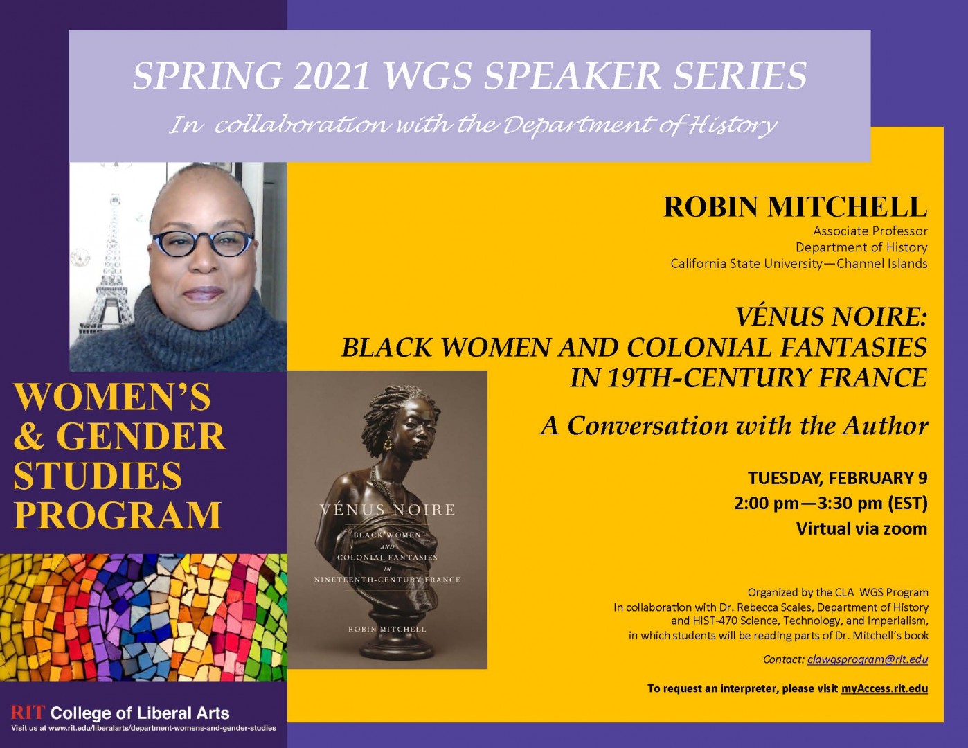 CLA Women's and Gender Studies Speaker Series -- VÉNUS NOIRE: BLACK WOMEN AND COLONIAL FANTASIES IN 19TH-CENTURY FRANCE -- Dr. Robin Mitchell
